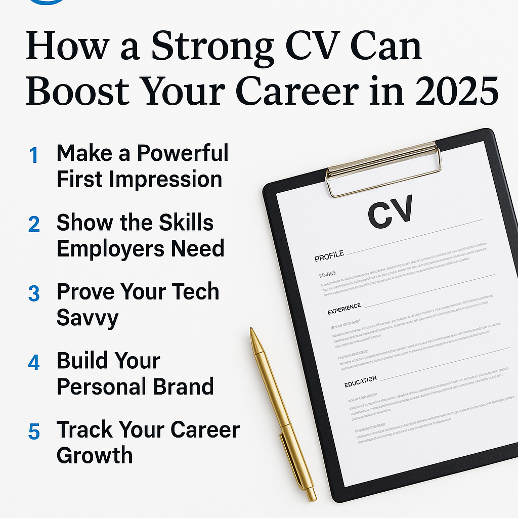Clipboard with CV and gold pen – How a strong CV can boost your career in 2025